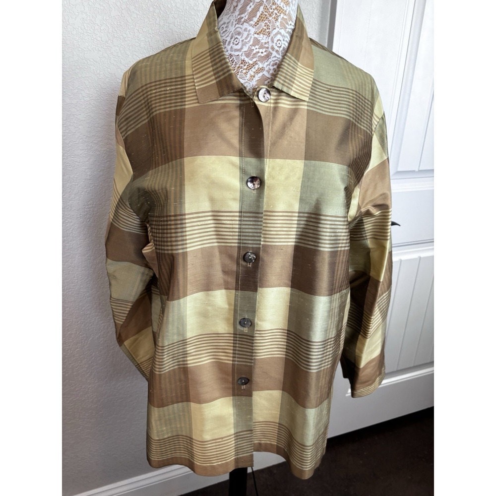 Vintage Thai Silk Tunic Women's Button Up Blouse Gold/ Brown Plaid Made In USA L
